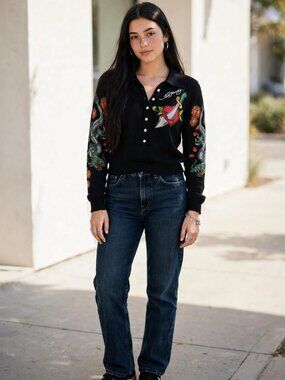 Ed Hardy by Christian Audigier Black Rose of Death Polo Sweater M